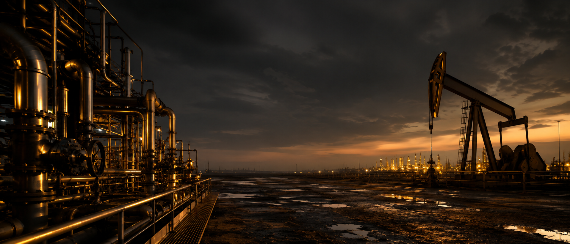 Oilfield refinery piping at dusk